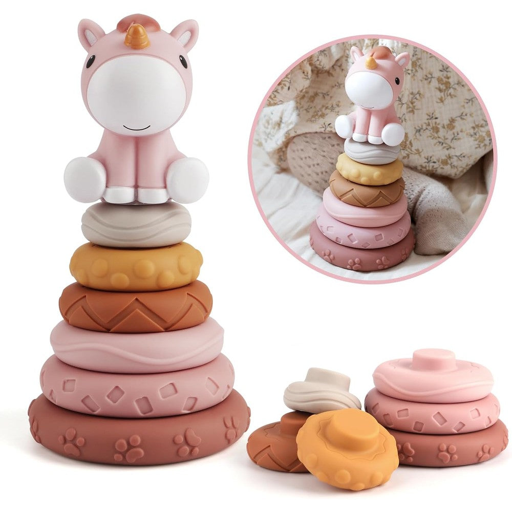 Nueplay stacking rings toy with unicorn topper front view