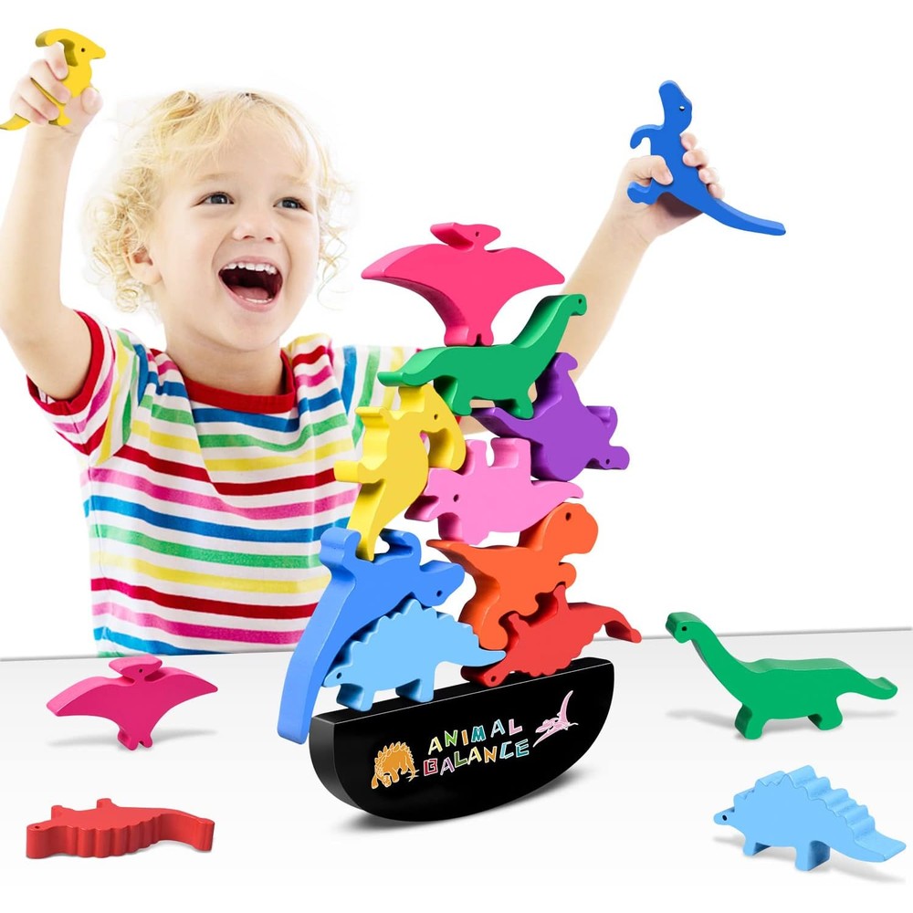 FFTROC wooden dinosaur stacking toy set front view