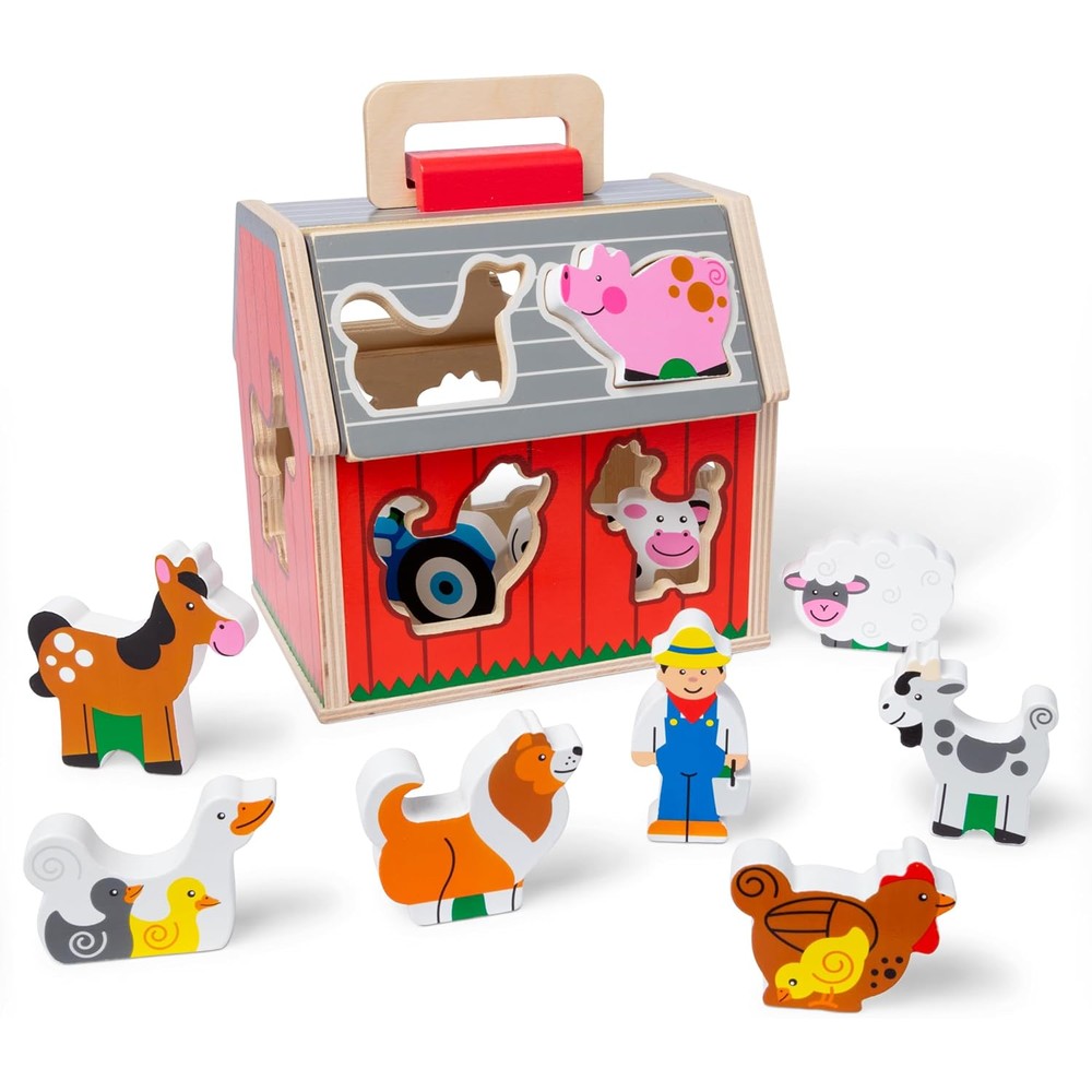 Melissa and Doug Take-Along Wooden Toy Barn front view with farm animals