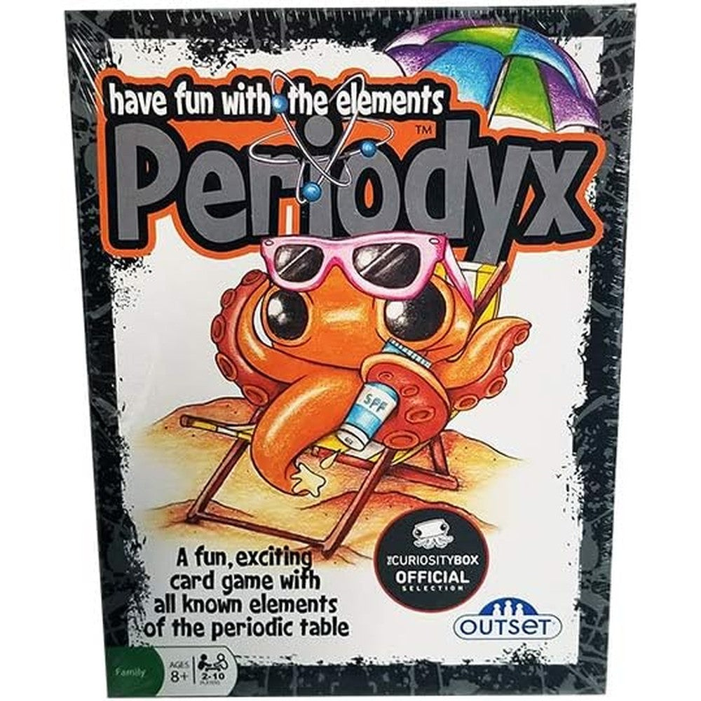 Outset Media Periodyx card game front view showing the educational packaging and colorful elements theme.