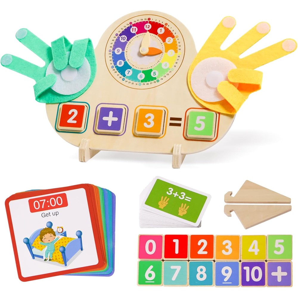 ZJEFUNS Montessori math learning toy front view showing wooden board with felt counting hands and teaching clock