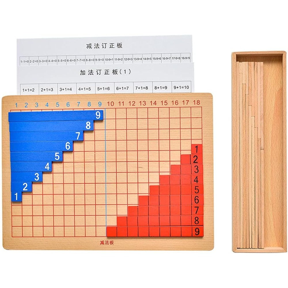 Kghios Montessori addition and subtraction board front view showing wooden grid setup