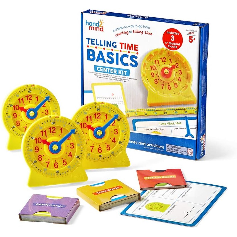 Hand2Mind Telling Time Basics Center Kit front view showing yellow analog learning clocks and colorful number lines.