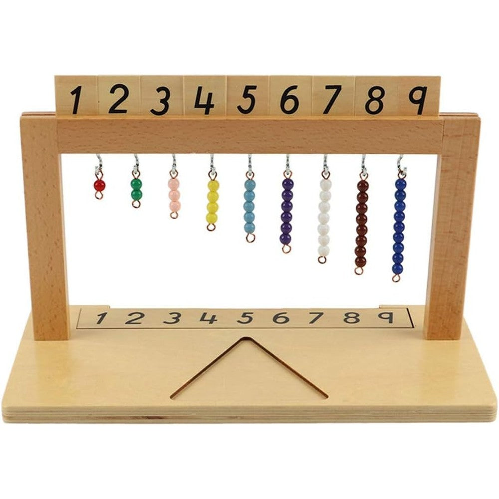 Thoth Montessori hanger for color bead stairs front view showcasing wooden frame and number cards.