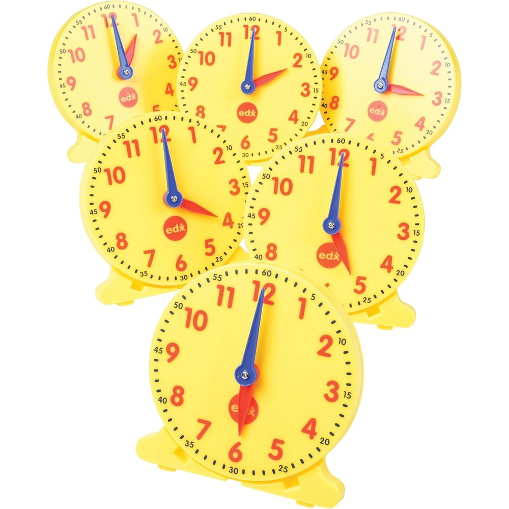 Constructive Playthings EDX-815 geared student clock front view showing yellow analog face and color coded hands for learning time.