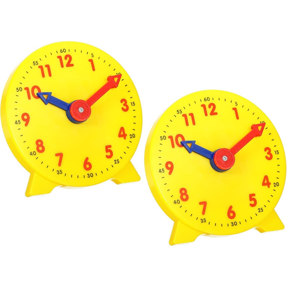 PATIKIL 4 inch teaching clock 2 pack front view showing yellow analog face and detachable hands