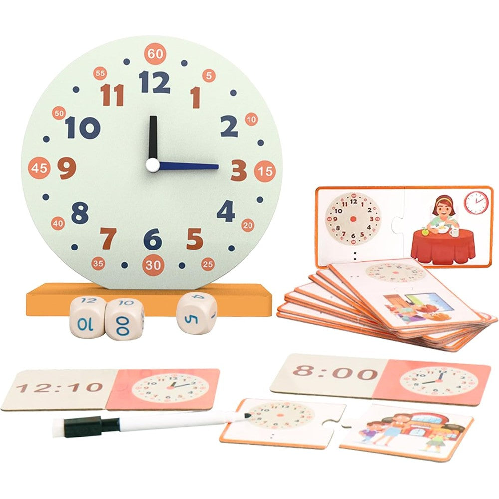 ATORSE wooden learning clock game set front view for educational time teaching play