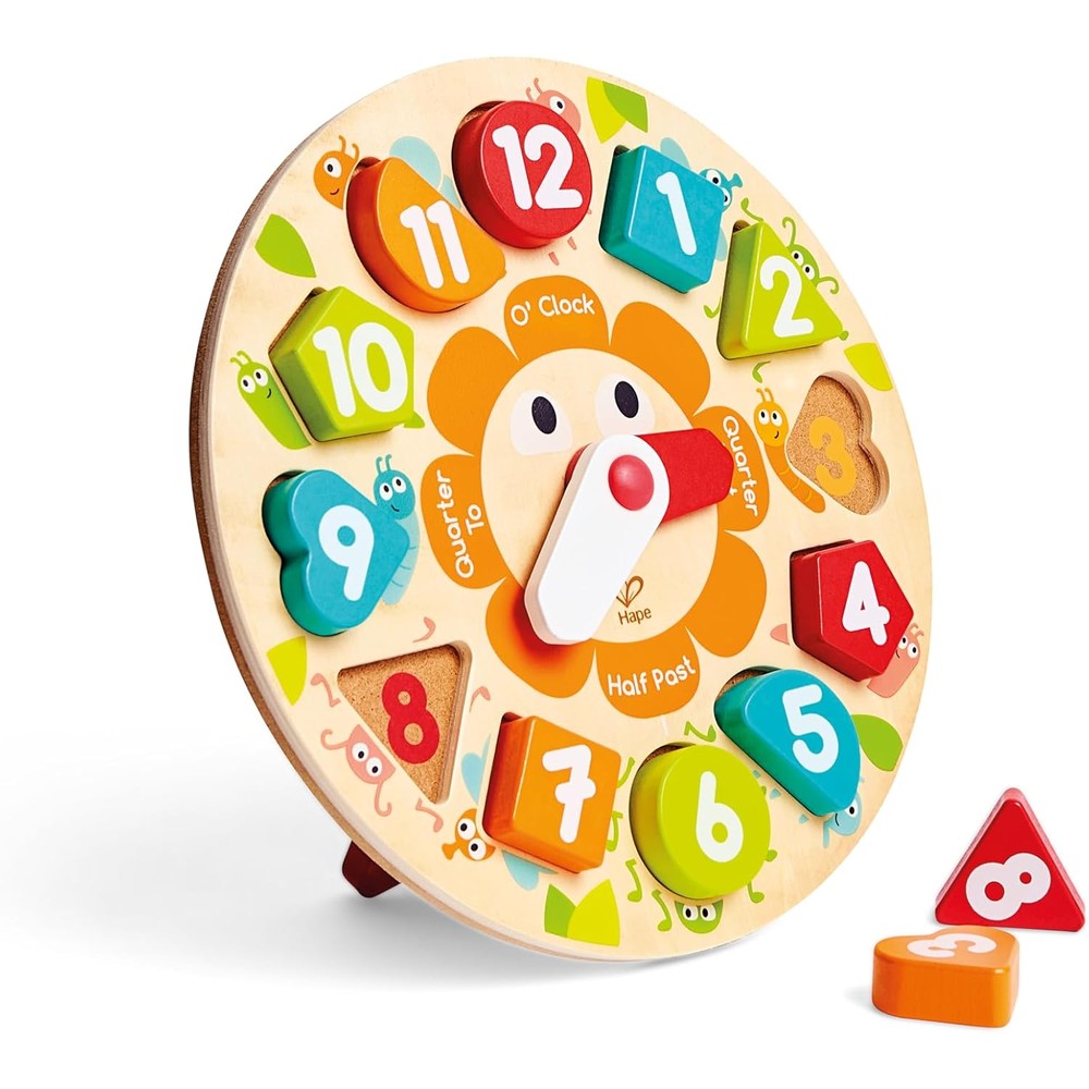 Hape Chunky Clock Puzzle front view showing colorful wooden number blocks and movable clock hands.