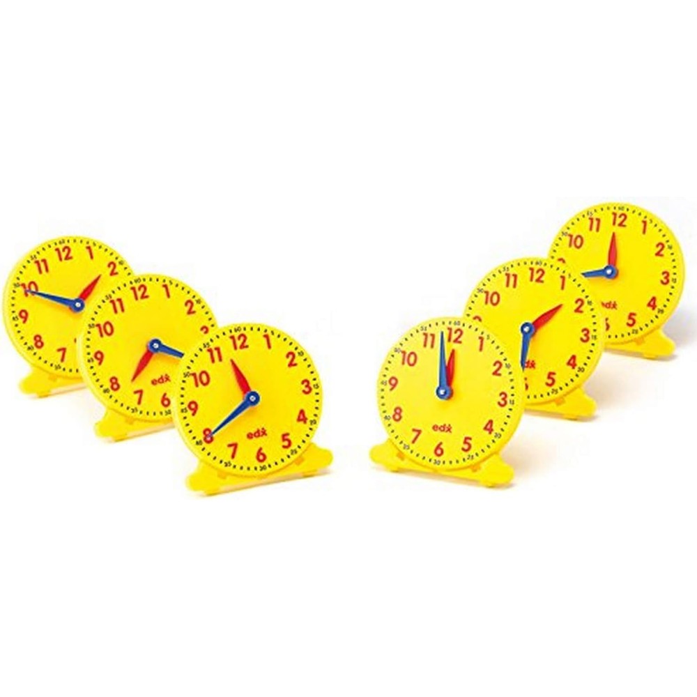 Didax Educational Resources 12 Hour Student Clock pack of six front view showing geared hands and built-in stands for classroom teaching.