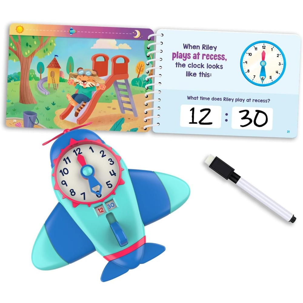 Educational Insights Time to Learn Telling Time Activity Set front view showing airplane clock and dry-erase booklet.