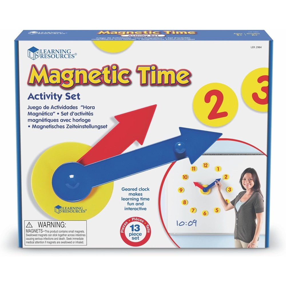 Learning Resources Magnetic Time Activity Set front view showing the giant geared whiteboard demonstration clock face with red and blue hands.