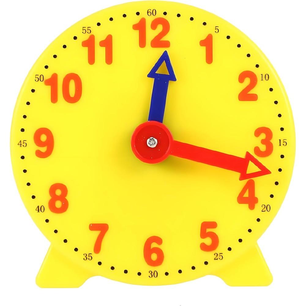 Tiosen 4 inch teaching clock front view showing yellow dial with blue and red pointers for classroom time learning.