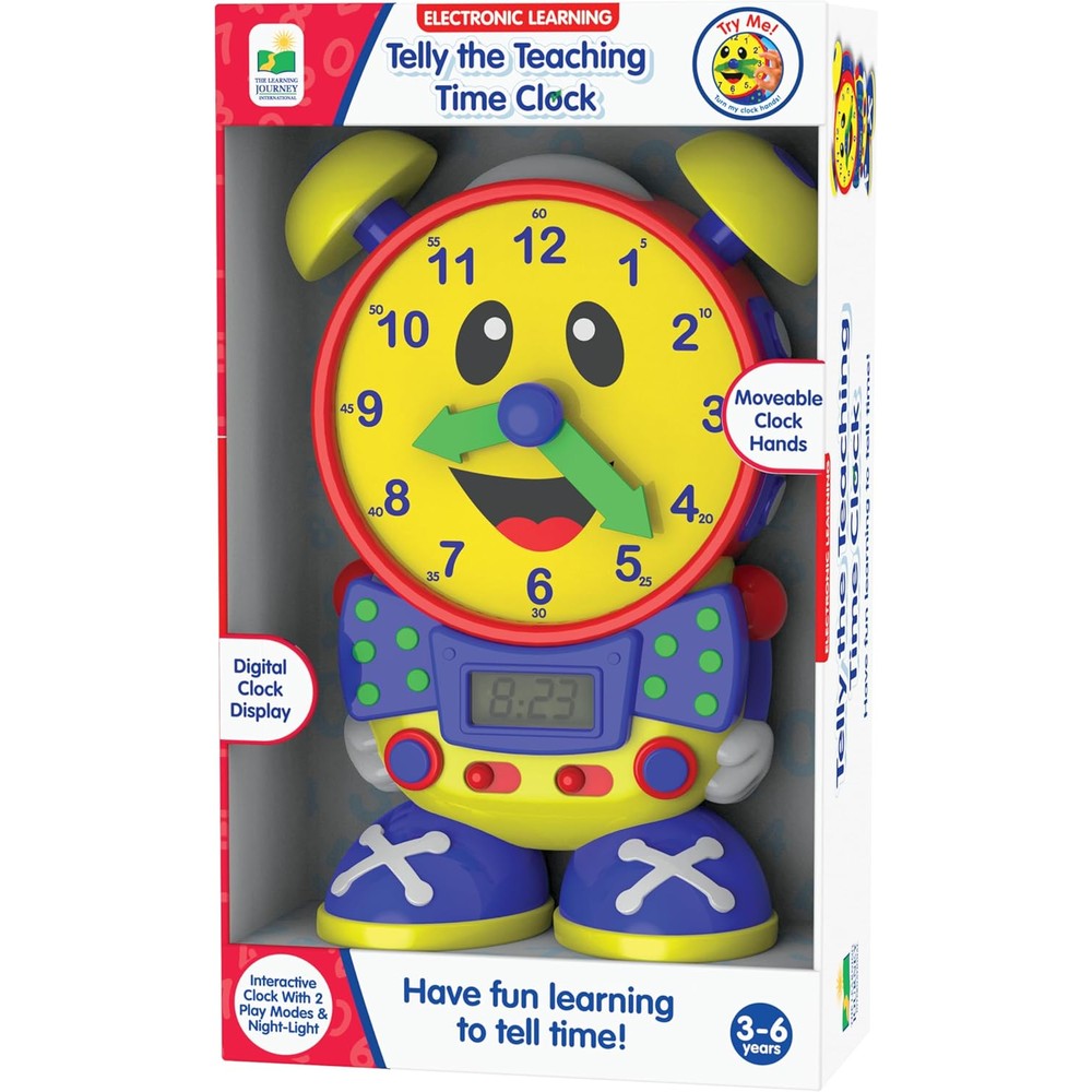 The Learning Journey Telly Teaching Time Clock front view showing analog hands and digital LCD screen