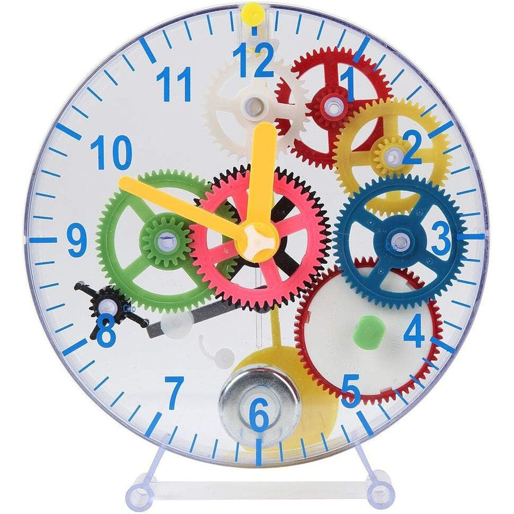 Lily's Home Childrens First Puzzle Clock Kit front view showing colorful gears inside the transparent mechanical housing