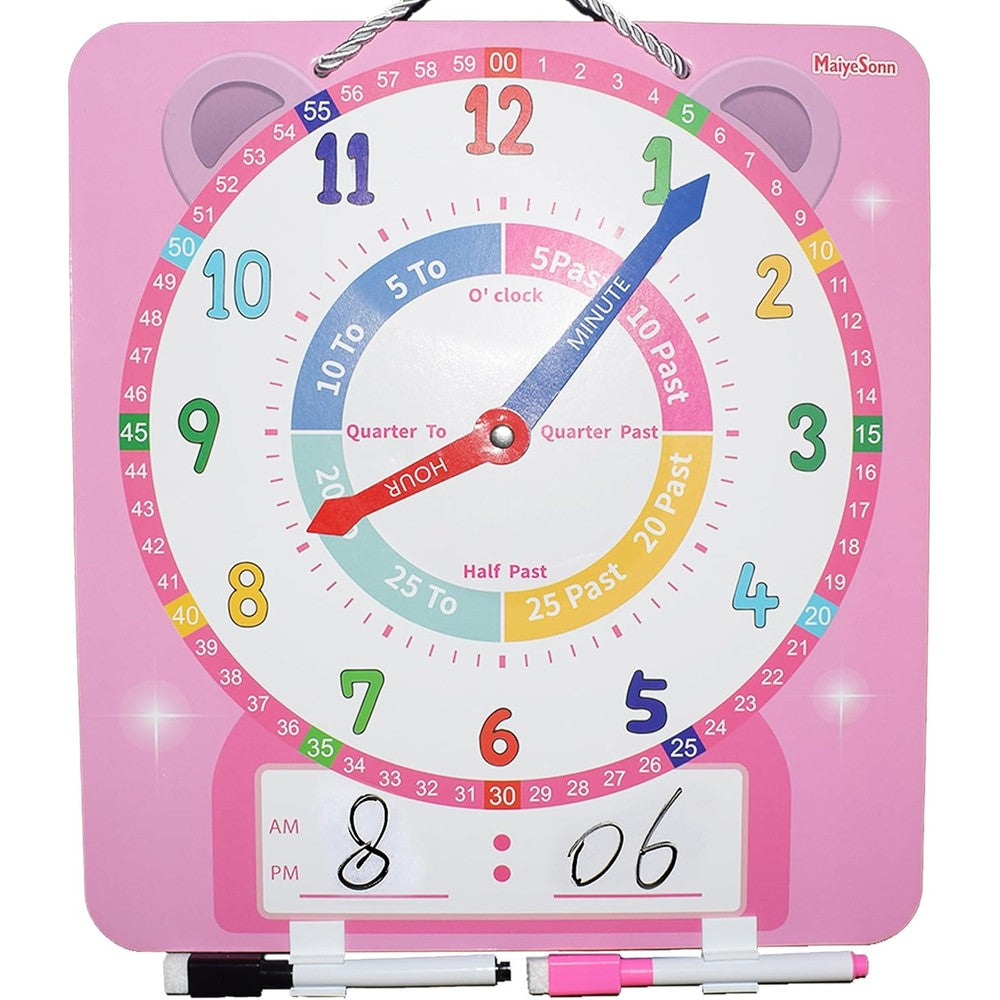 MaiyeSonn teaching clocks for kids front view showing color coded hands and dry erase writing area.