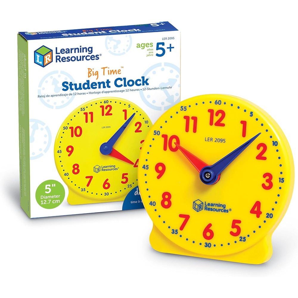 Learning Resources Big Time Student Clock front view showing yellow dial and red numbers.