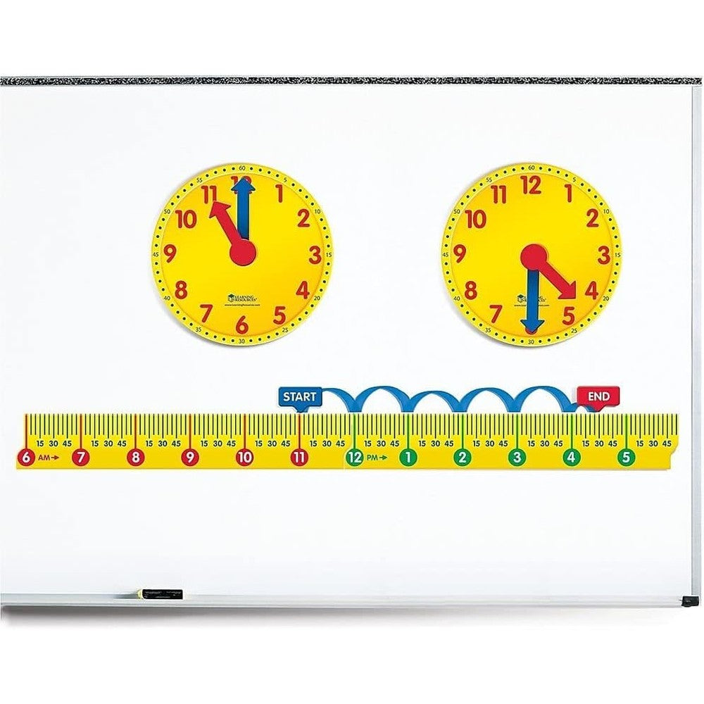 Learning Resources Magnetic Elapsed Time Set front view showing two yellow classroom clocks and a segmented number line.