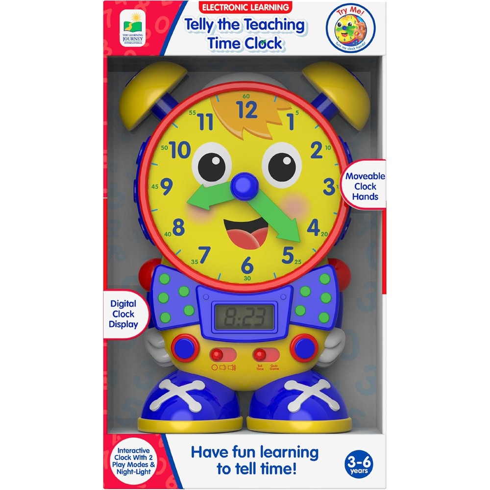University Games The Learning Journey Telly Teaching Time Clock front view showing analog face and digital LCD display screen