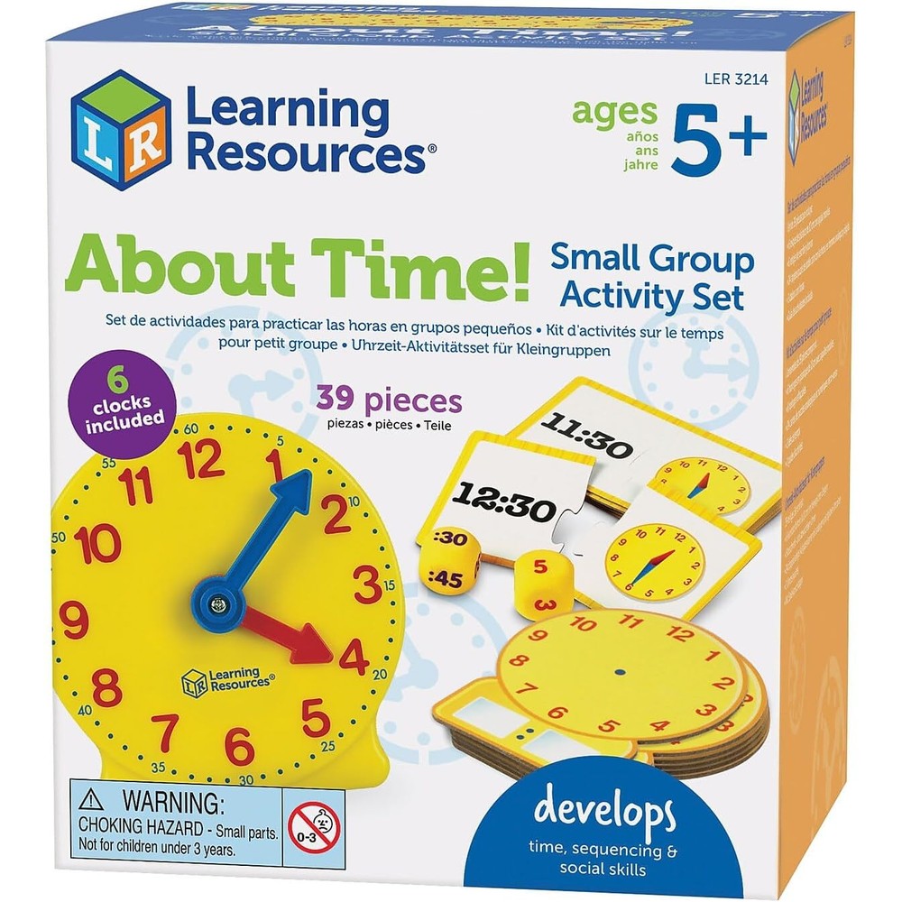 Learning Resources About Time Group Activity Set front view of classroom clock educational kit.