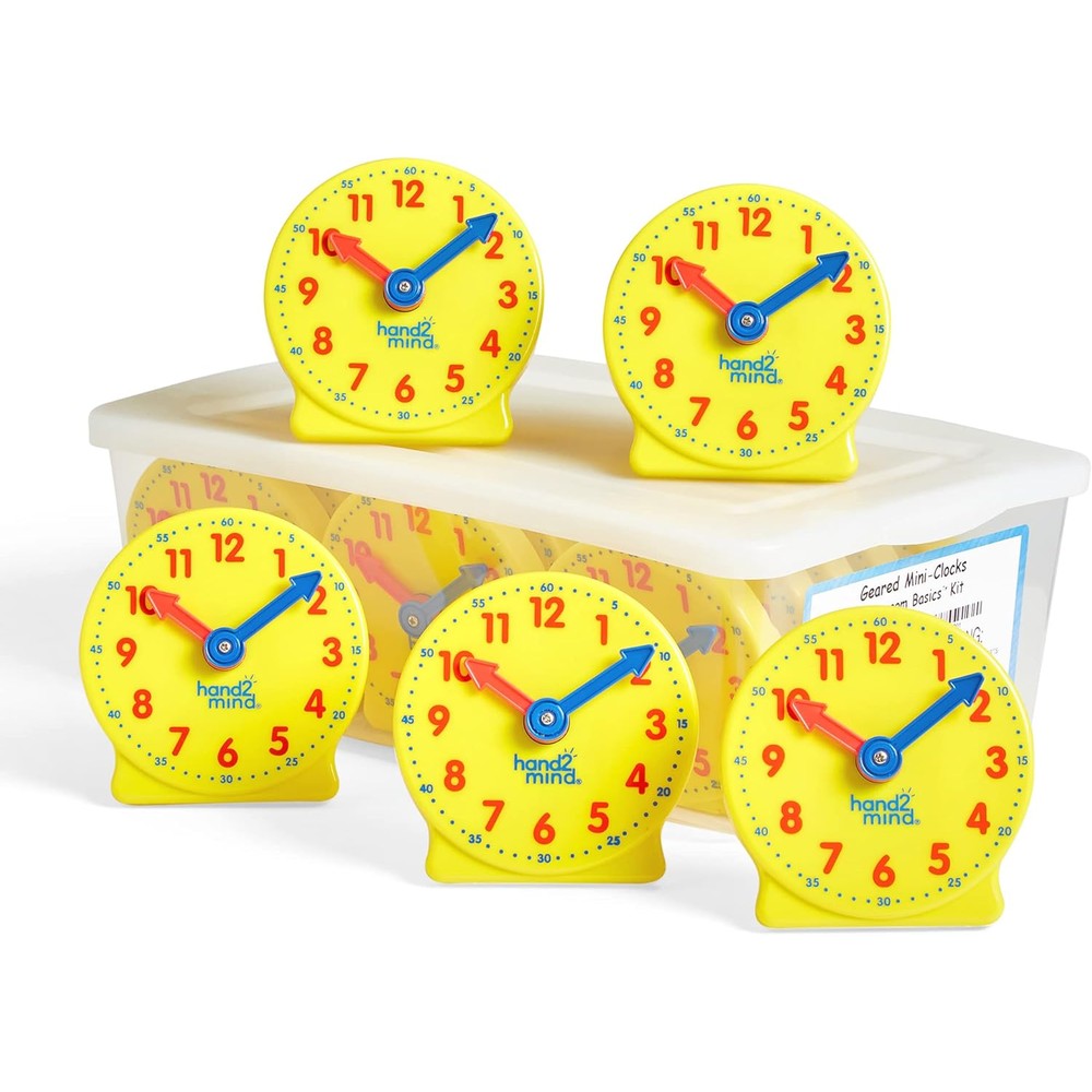 Hand2mind mini geared clock classroom set front view showing yellow educational analog clocks for kids