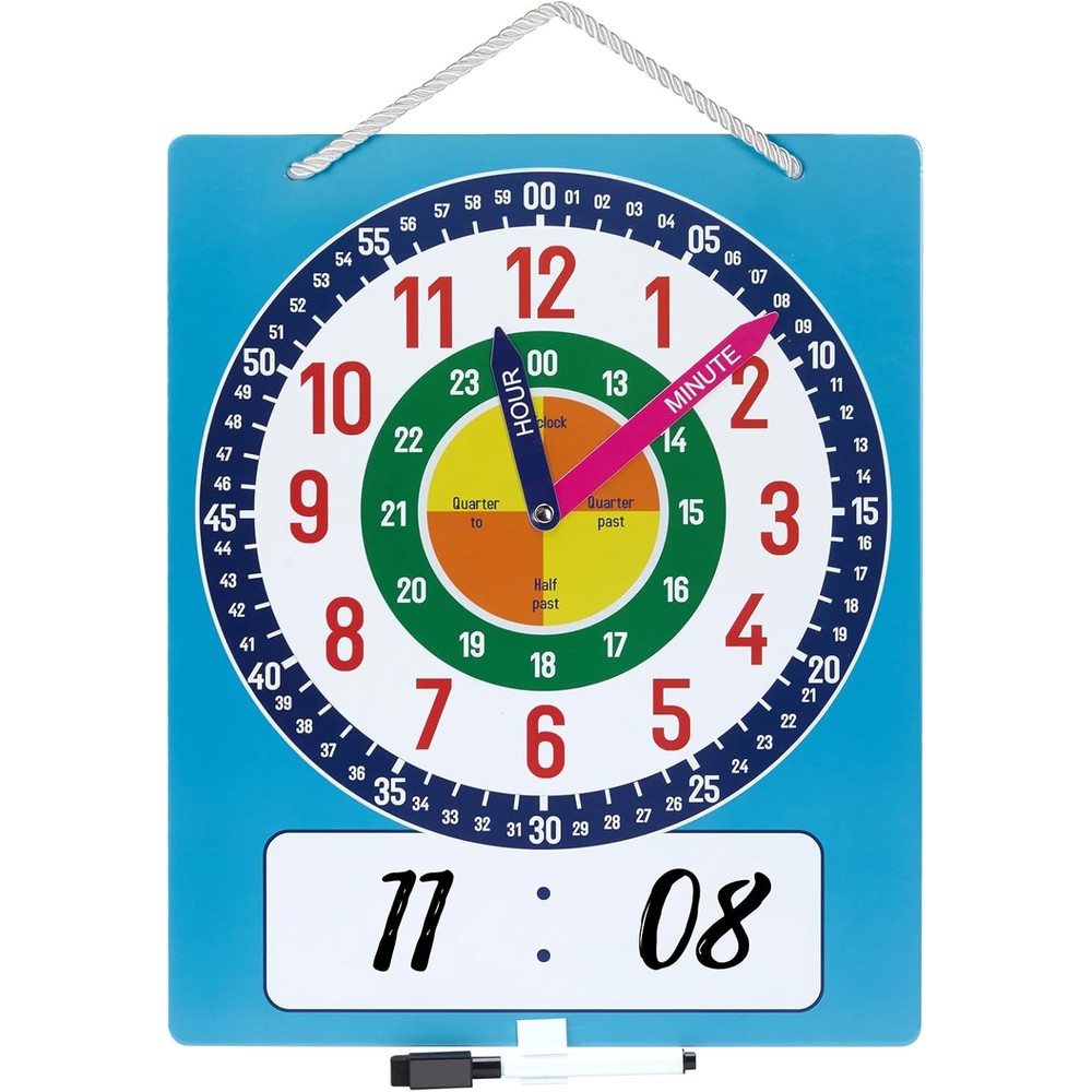 Segaixlj Magnetic Writable Dry Erase Learning Clock front view showcasing colorful analog face and digital time section.