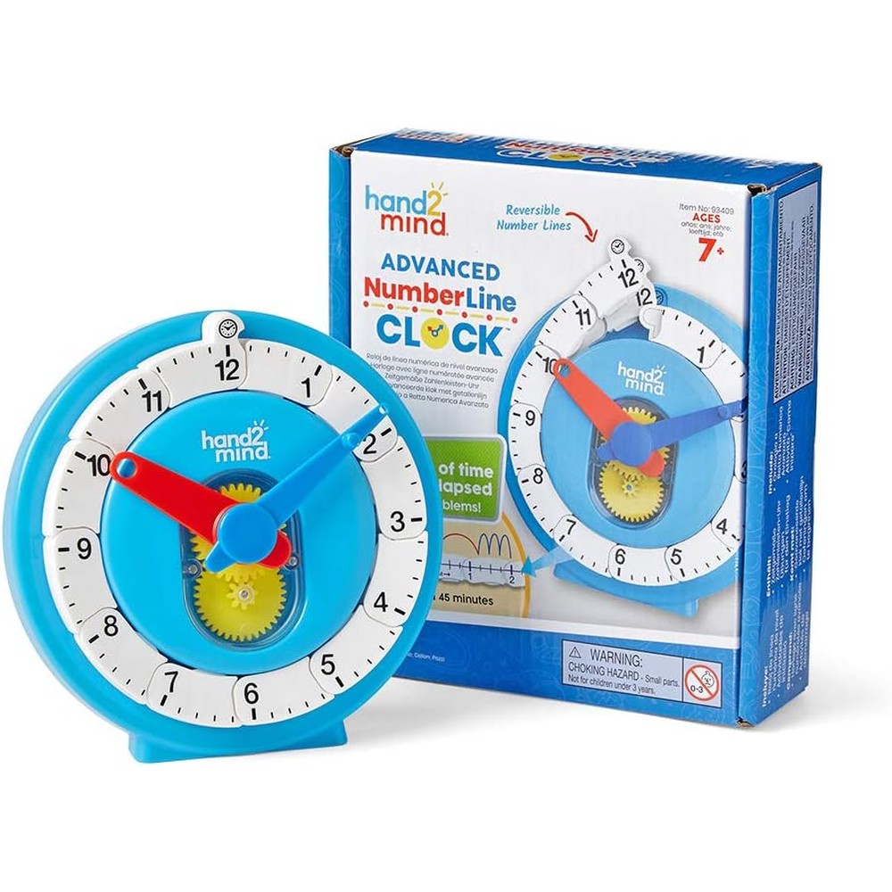 Hand2mind Advanced NumberLine Clock front view showing the analog educational face and geared hands.