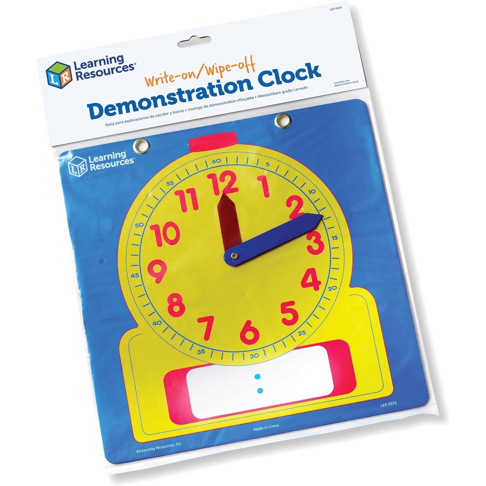 Learning Resources Write And Wipe Demonstration Clock front view showing analog face and digital time writing space