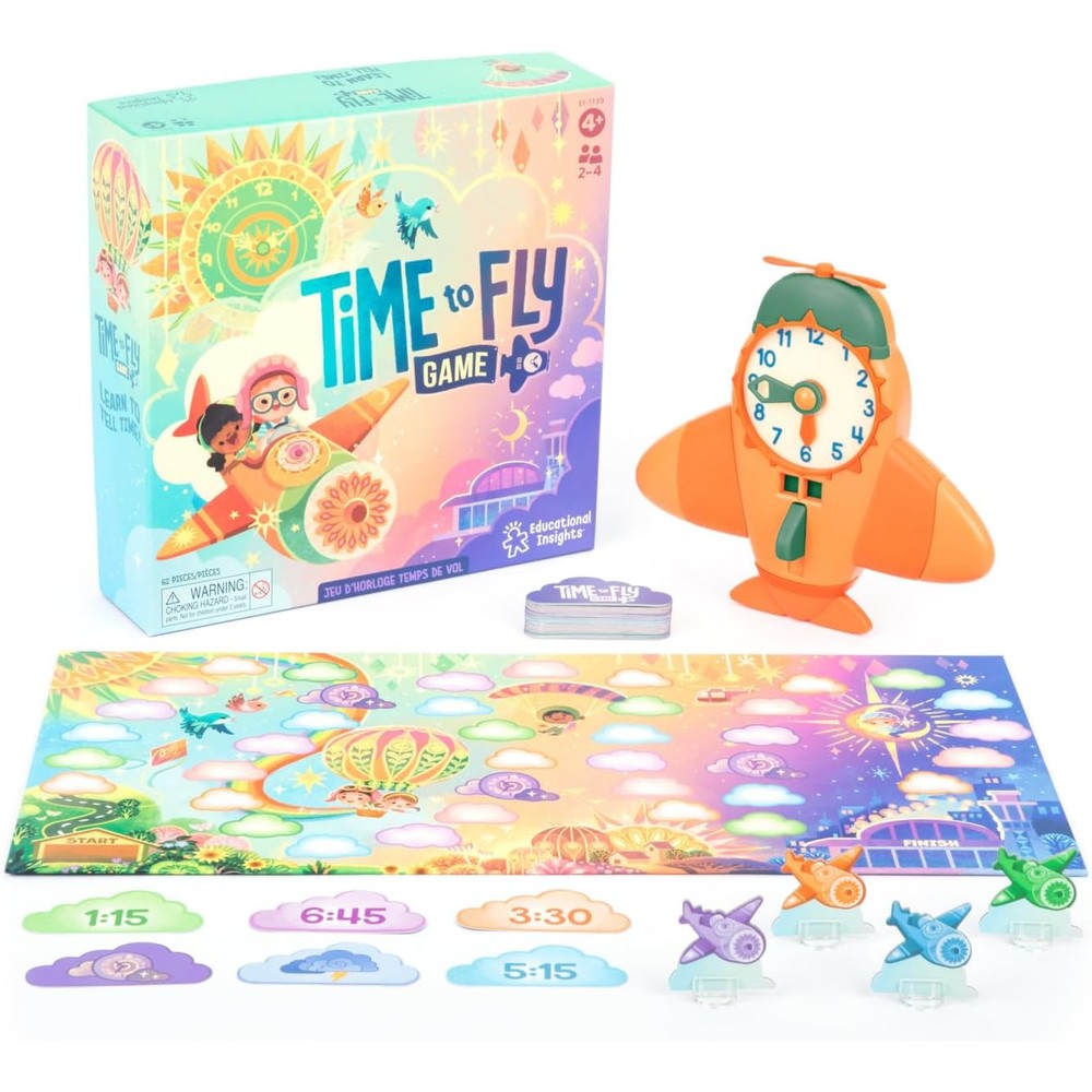 Educational Insights Time to Fly board game package front view showing interactive airplane clock