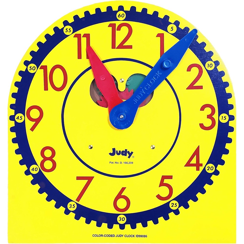 Carson Dellosa Judy Instructo analog teaching clock front view displaying color coded hands and visible internal gears