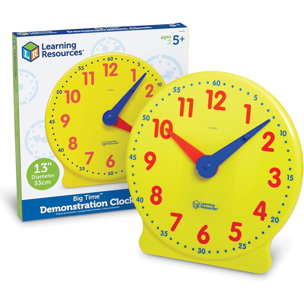 Learning Resources Big Time Learning Clock front view of the thirteen inch yellow educational demonstration clock face
