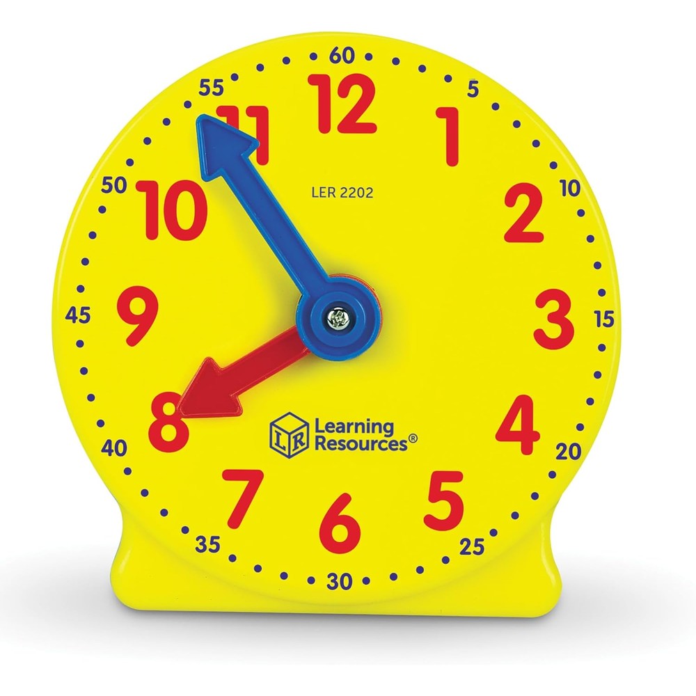 Learning Resources Big Time Mini Clock front view showing yellow frame and color coded geared hands for classroom learning