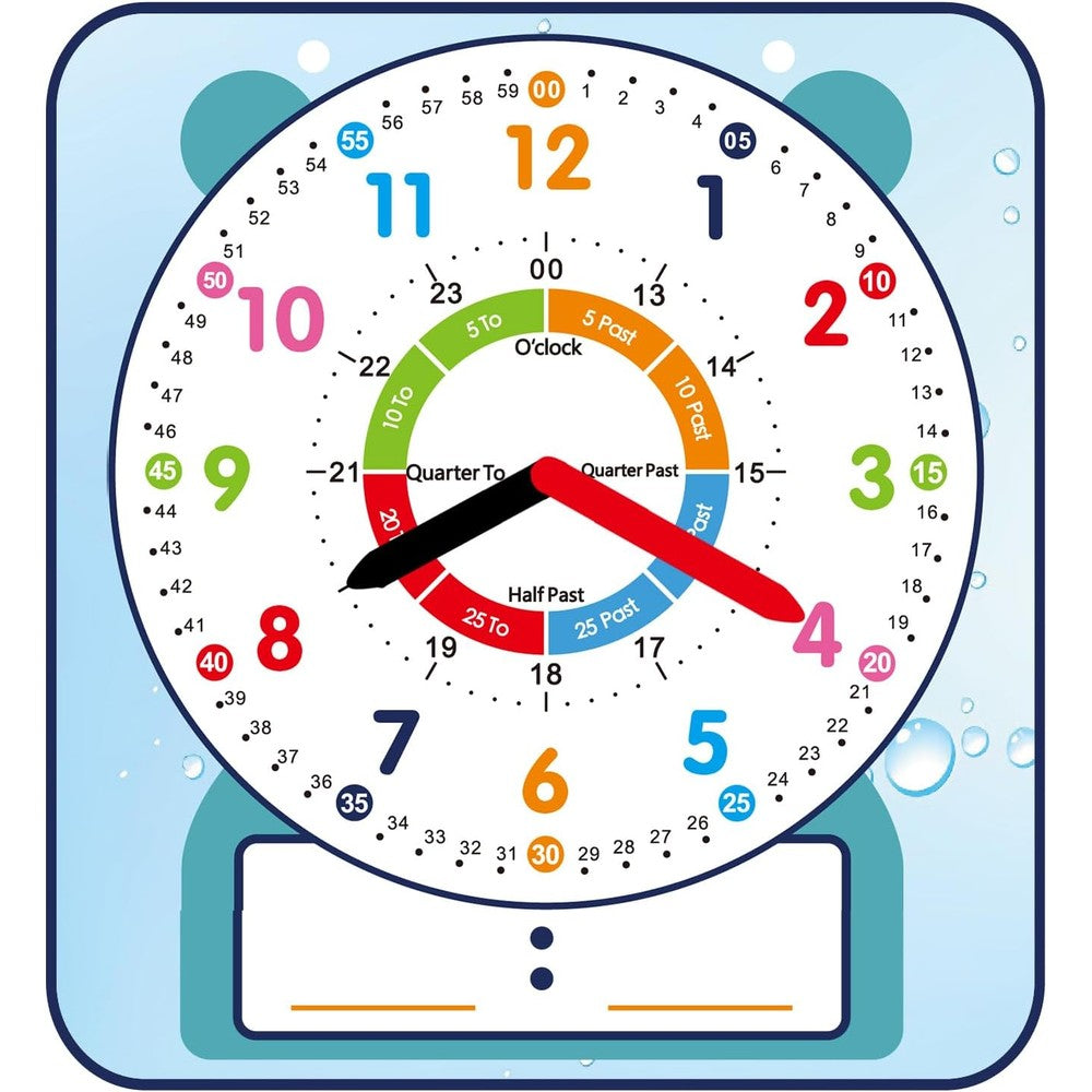 ANCOMEDO magnetic dry erase teaching clock front view showing cute bear design and colorful numbers for kids educational time learning