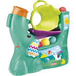 Playskool Chase 'N Go Ball Popper teal elephant toy front view with four colorful balls for toddlers.