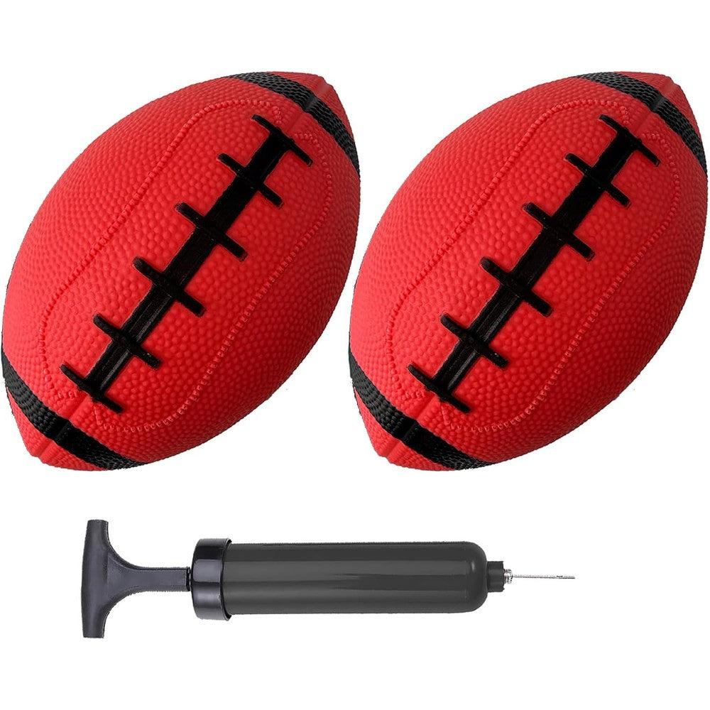 ABAJI toy football front view showing two red mini rubber balls with a handheld inflation pump.