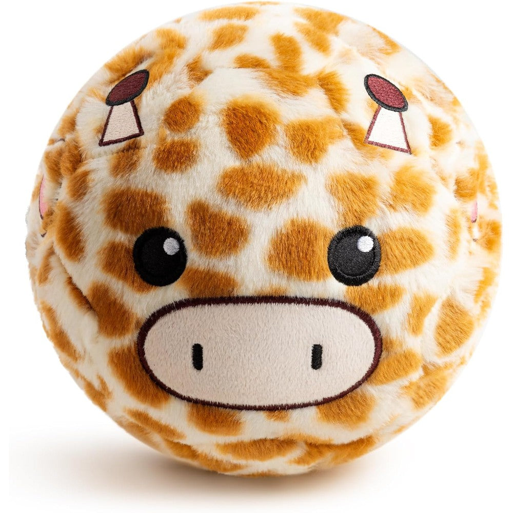 VangeBow silent indoor soccer ball front view showing soft giraffe pattern plush fabric