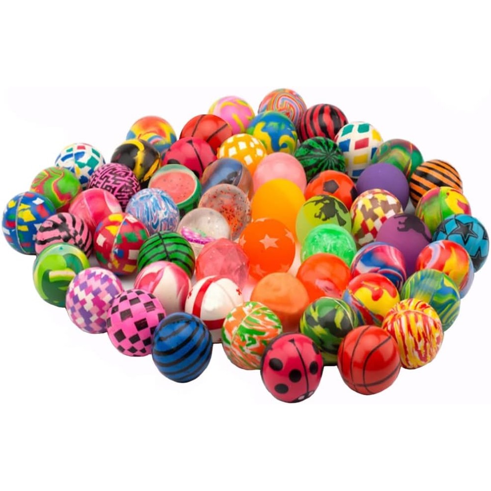 OBTANIM 100 Pieces Colorful Bouncy Balls Bulk Pack front view displaying a massive assortment of vibrant mixed pattern rubber toys for kids party favors