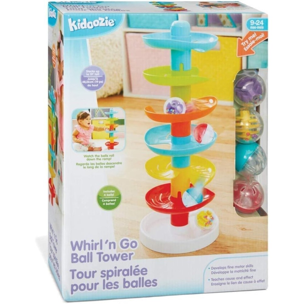 Kidoozie Whirl 'n Go Ball Tower front view showing six colorful levels and rattle balls.