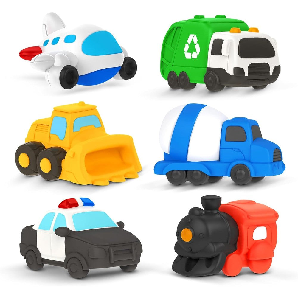 Zippytots vehicle floating bath toys front view of six piece colorful set