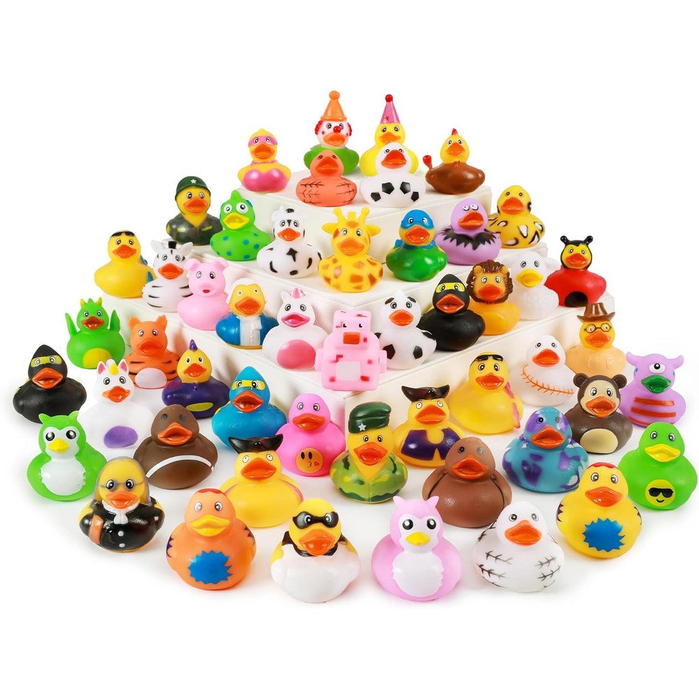 WQTHE 30 Pack Rubber Duck assortment showcasing premium imported multi-colored characters from front view.