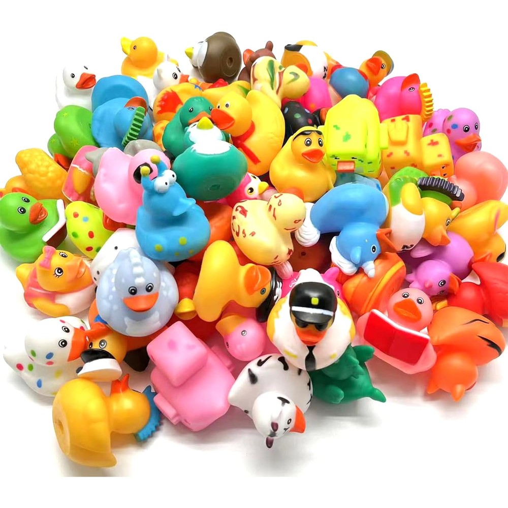 LINICE 30 Piece Rubber Ducks front view showing a vibrant collection of mini bath toys in assorted themed designs.