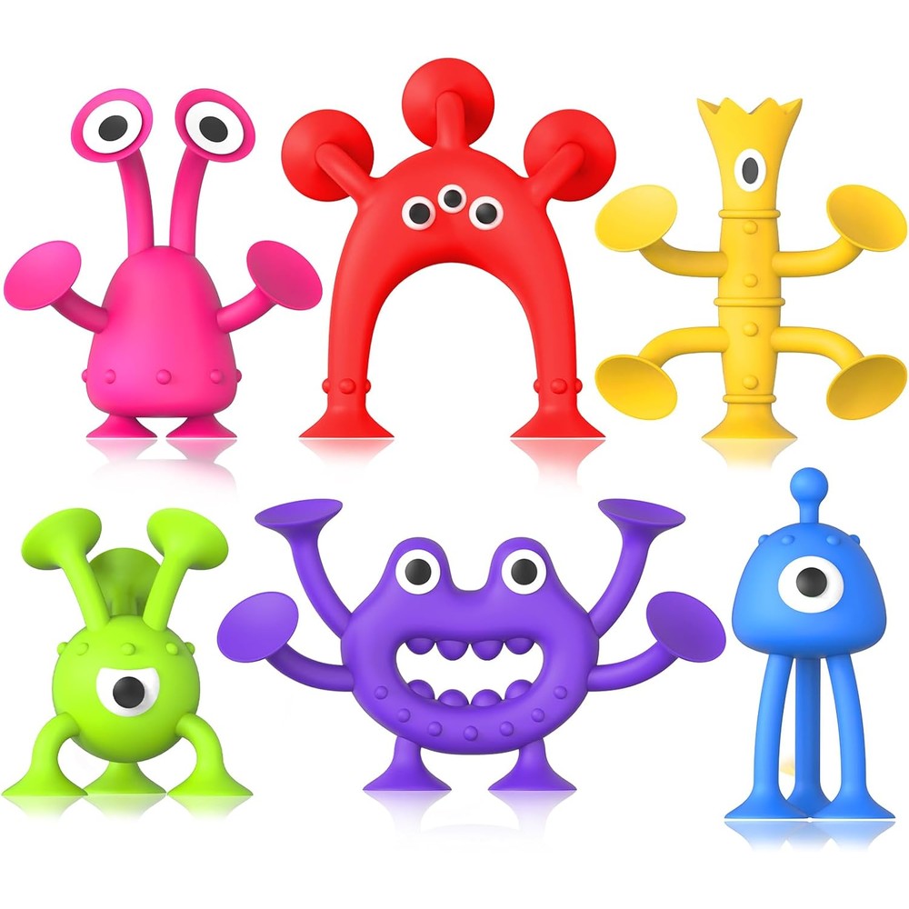 Richtim sensory suction bath toys front view displaying multicolored silicone monster shapes on a white background