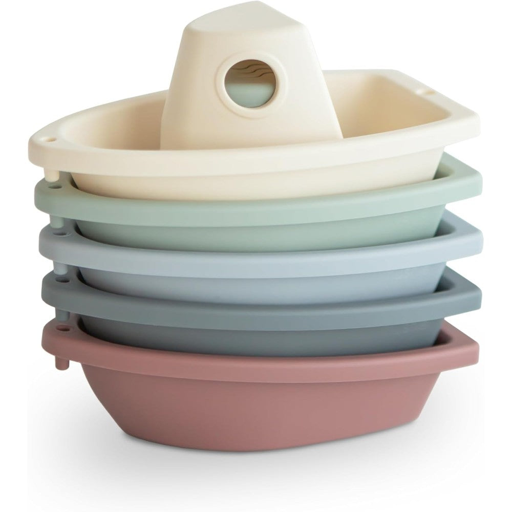 Mushie stackable bath boats toy original front view of five pastel colored floating toys.