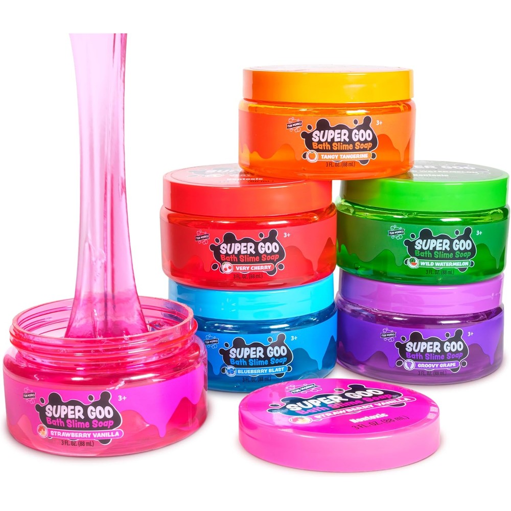 Tub Works Super Goo Bath Slime six pack front view showing colorful jars