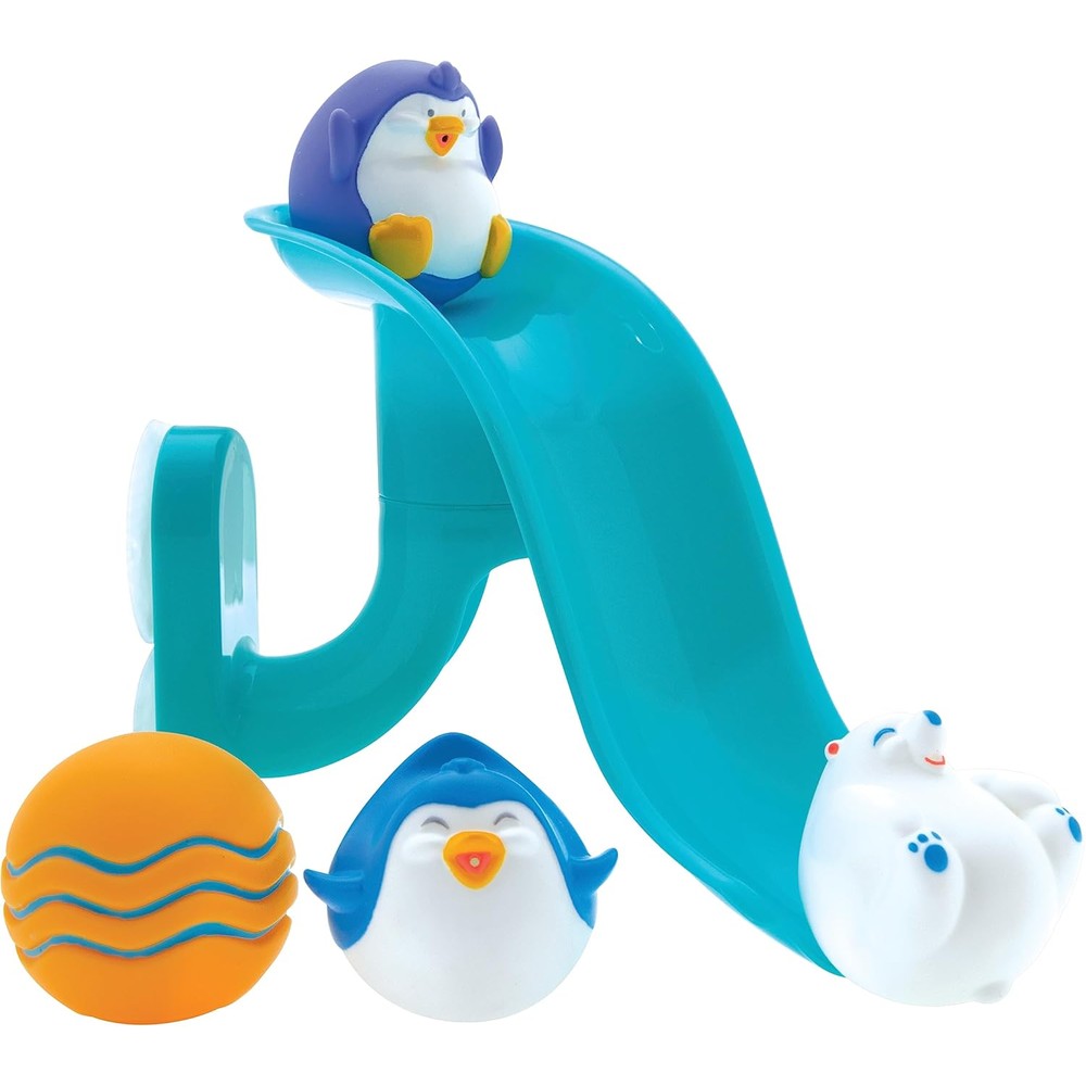 Nuby Penguin Slide Bath Toy front view showing blue water slide with suction cups and colorful animal squirters.