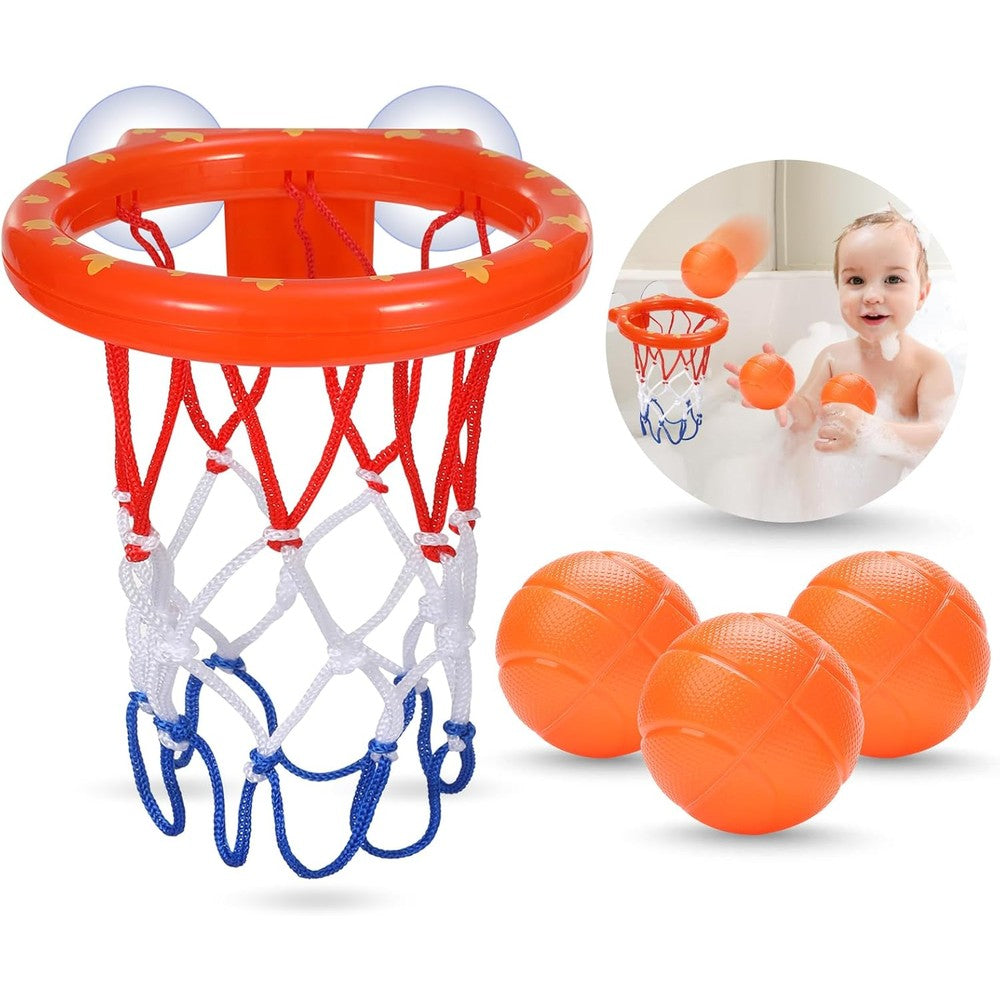 KSABVAIA bathtub basketball hoop front view mounted on white bathroom tiles with three orange balls
