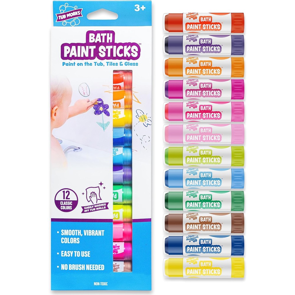 Tub Works Bath Paint Sticks 12 Count package front view showing vibrant colors