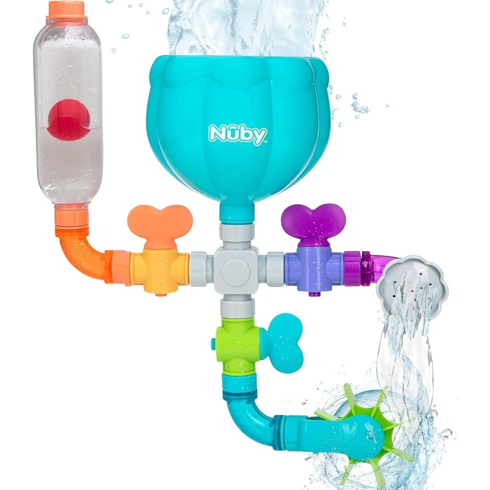 Nuby Wacky Waterworks Pipes Bath Toy front view with colorful pipes