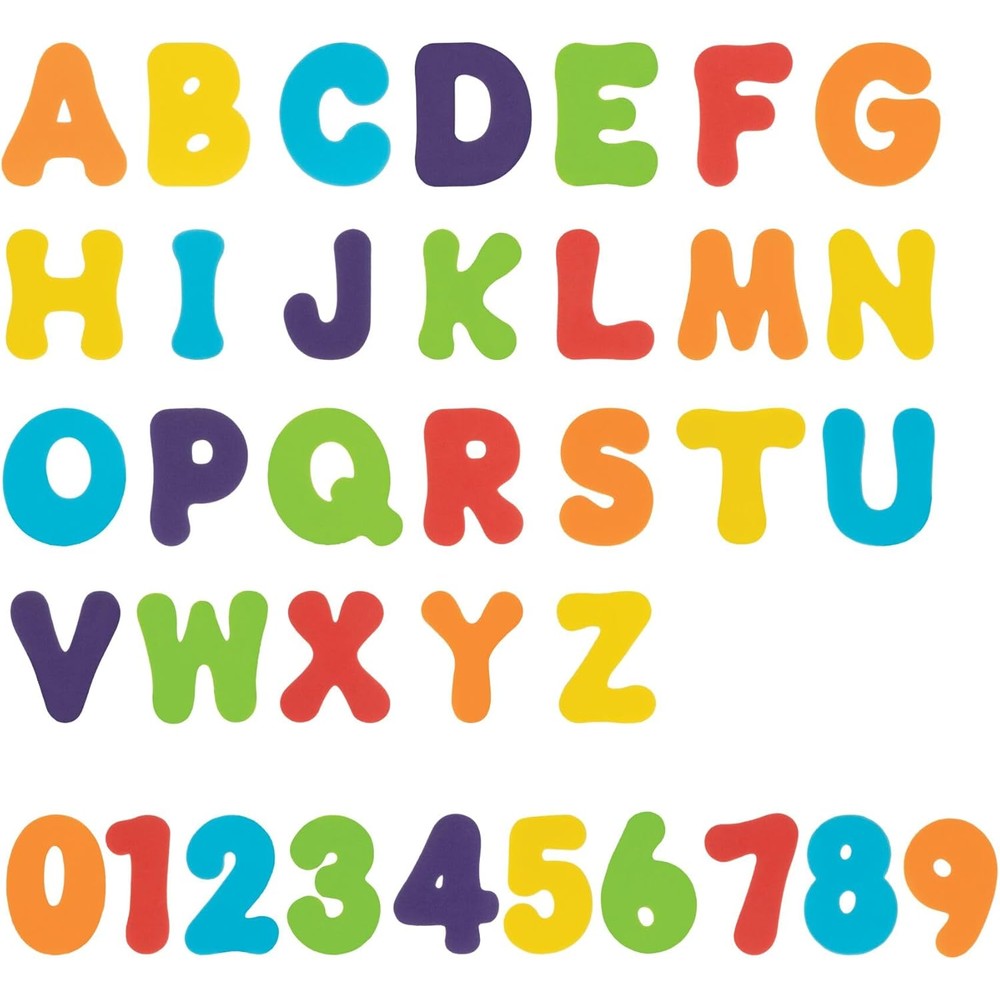 Nuby Foam Bath Letters and Numbers toddler toy set front view showing colorful thirty six pieces packed together.