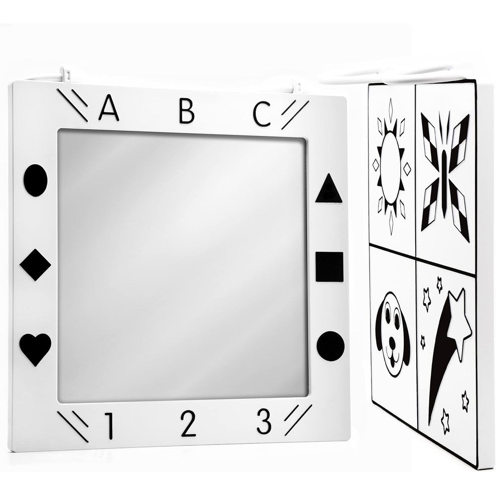 Nurture Smart tactile baby mirror front view showing high contrast black and white development patterns