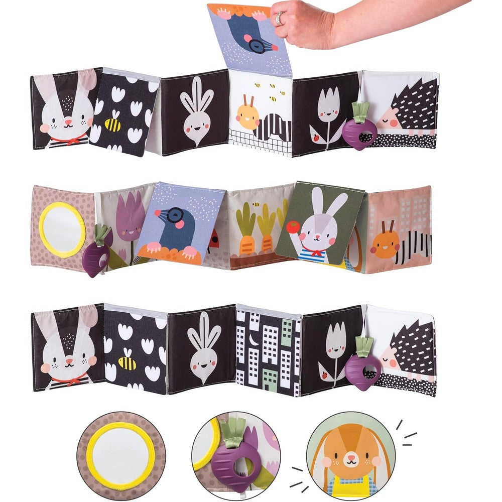 Taf Toys Urban Garden Soft Cloth Newborn Book front view showing high contrast black and white sensory patterns